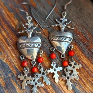 Sterling Silver Sacred Heart Milagros Earrings Oaxaca Mexican Folk Art Style 925